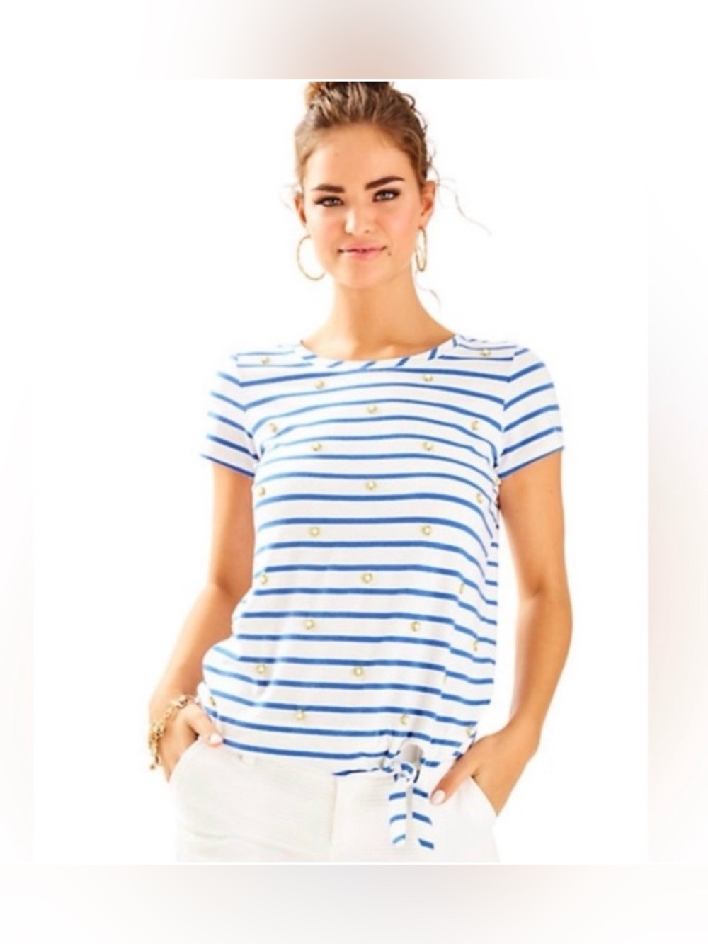 Lilly Pulitzer Kinsington White & Blue Striped Short-Sleeve Knot Hem BeadedTop